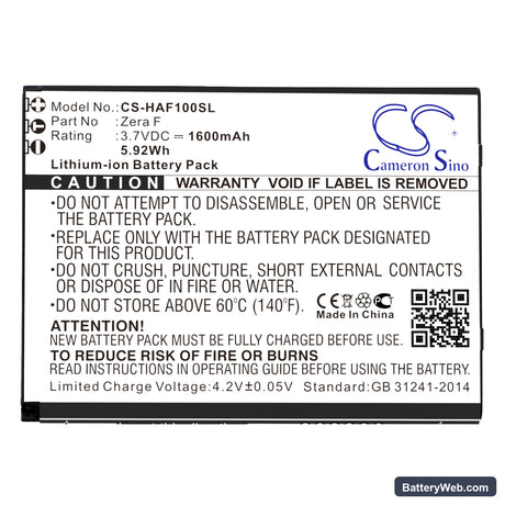 Highscreen Zera F Replacement Battery, 3.7V, 1600mAh, Li-ion 3