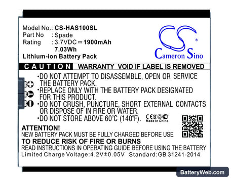 Spade Spade Replacement Battery, 3.7V, 1900mAh, Li-ion 1