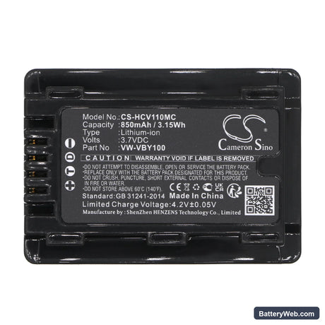 Panasonic HC-V110 Replacement Battery, 3.7V, 850mAh, Li-ion 5