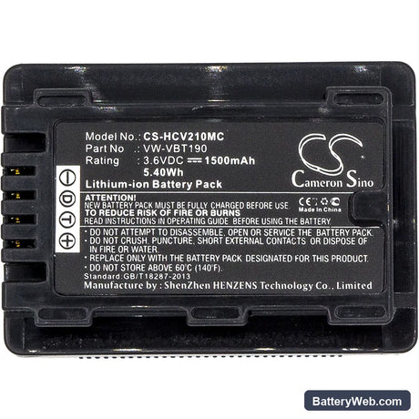 Panasonic HC-V520M Replacement Battery, 3.6V, 1500mAh, Li-ion 3