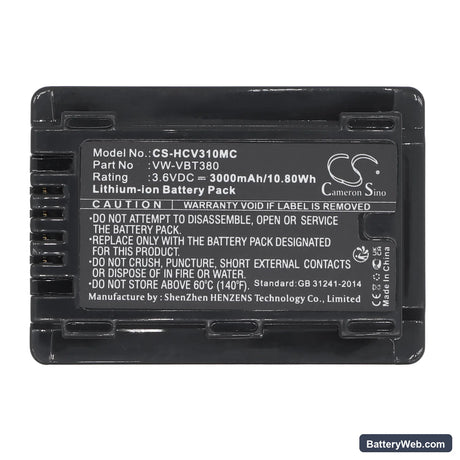 Panasonic HC-V520M Replacement Battery, 3.6V, 3000mAh, Li-ion 5