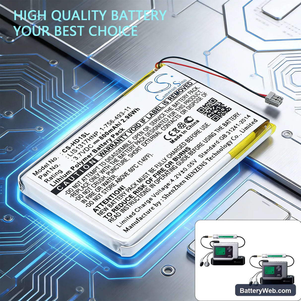 Sony NW-HD1 MP3 Player Replacement Battery, 3.7V, 800mAh, Li-Polymer 6
