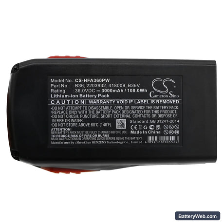 HILTI TE6-A36 Replacement Battery, 36V, 3000mAh, Li-ion 5