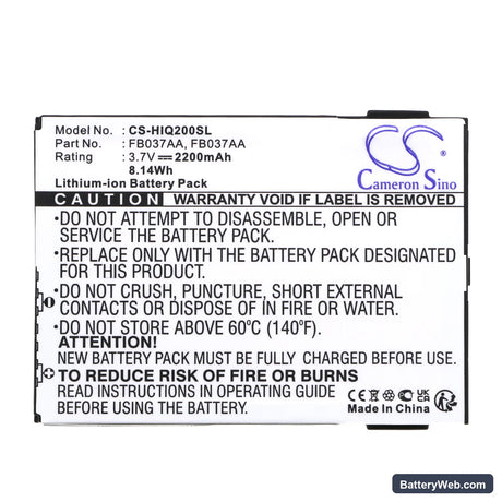 HP iPAQ 200 Replacement Battery, 3.7V, 2200mAh, Li-ion 3