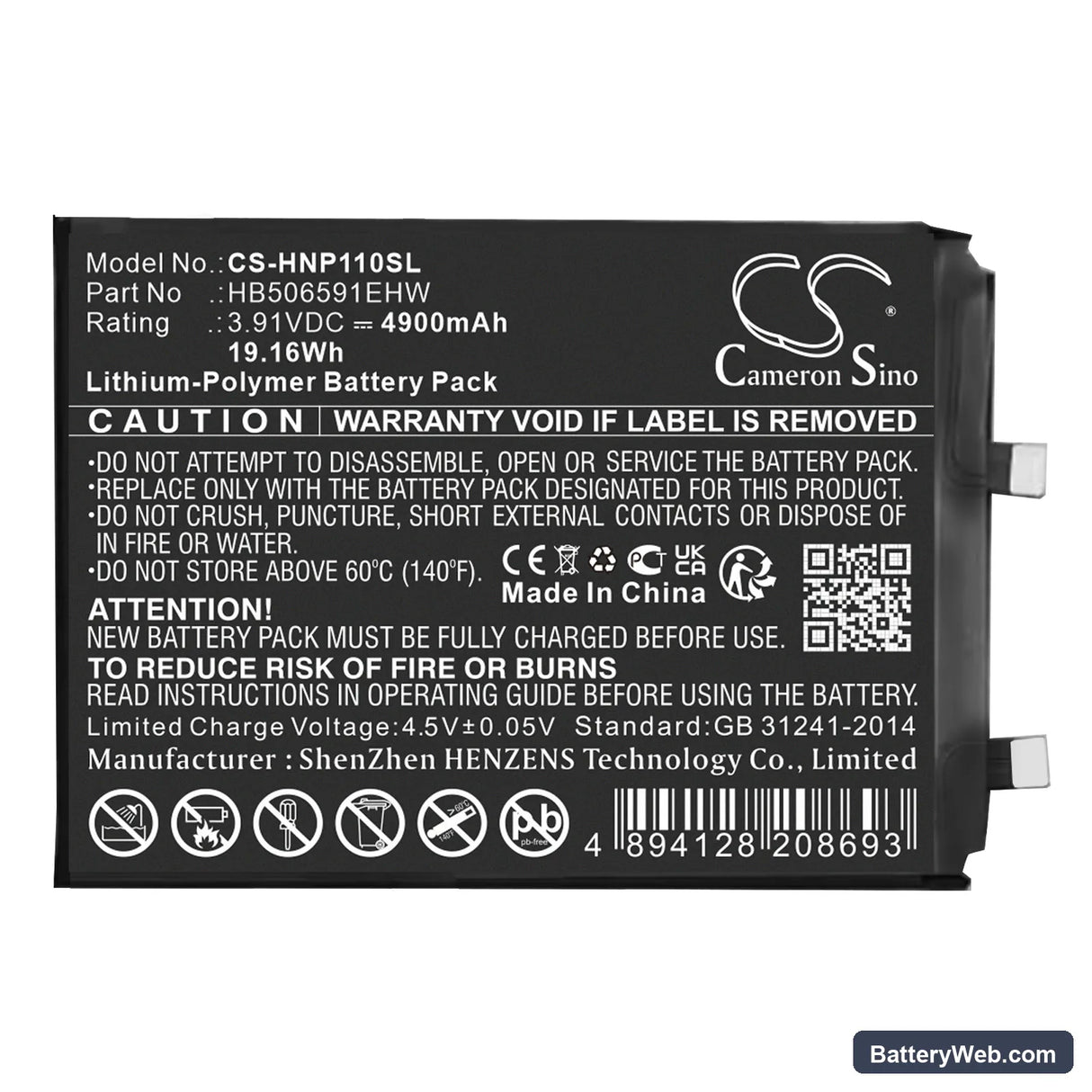 Honor 100 Pro Replacement Battery, 3.91V, 4900mAh, Li-Polymer 1