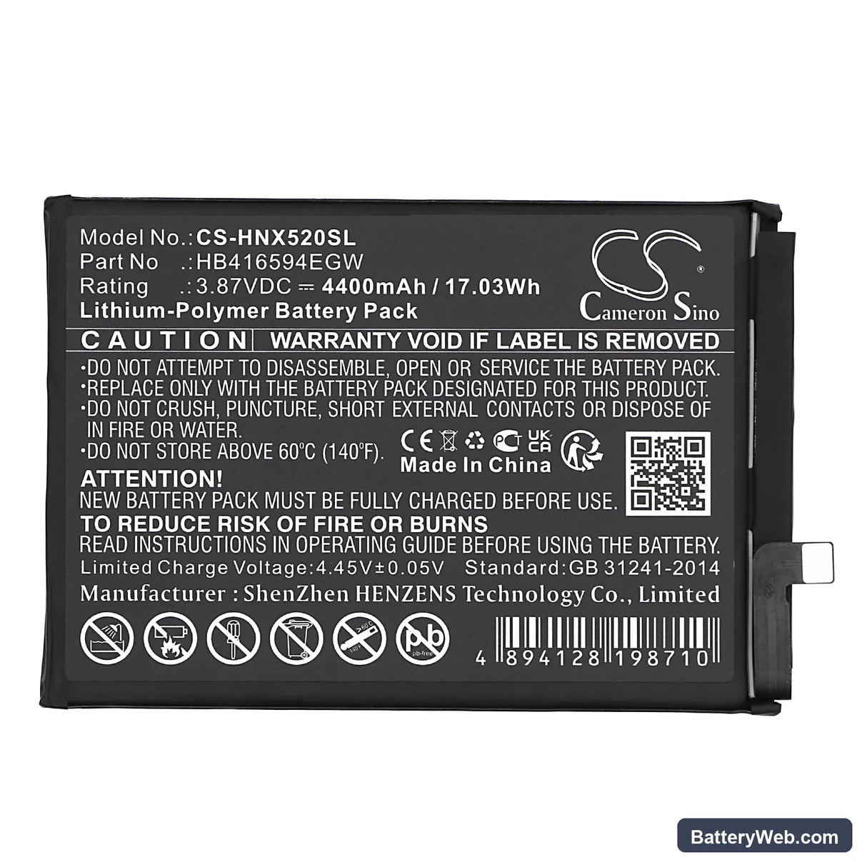 Honor X50i 5G Replacement Battery, 3.87V, 4400mAh, Li-Polymer 3