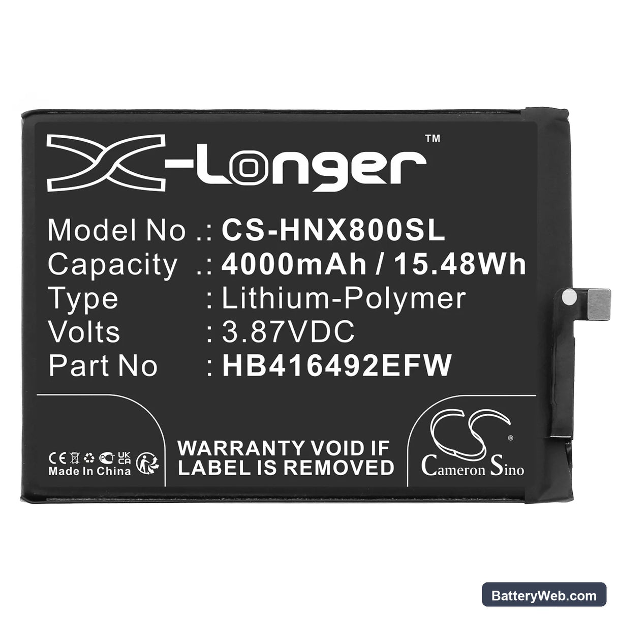Honor X8 4G Replacement Battery, 3.87V, 4000mAh, Li-Polymer 3