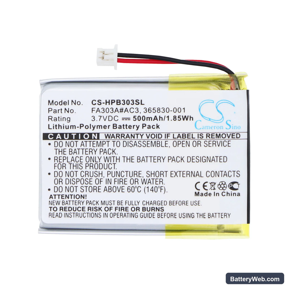 HP Bluetooth Stereo Headphones Replacement Battery, 3.7V, 500mAh, Li-Polymer 3