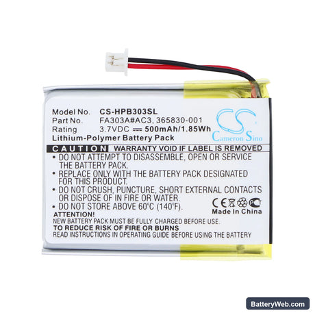 HP Bluetooth Stereo Headphones Replacement Battery, 3.7V, 500mAh, Li-Polymer 3