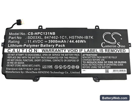 HP Chromebook 13 G1 Replacement Battery, 11.4V, 3900mAh, Li-Polymer 3
