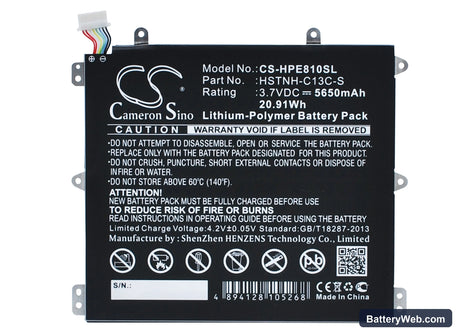 HP Slate 8 Pro Replacement Battery, 3.7V, 5650mAh, Li-Polymer 1