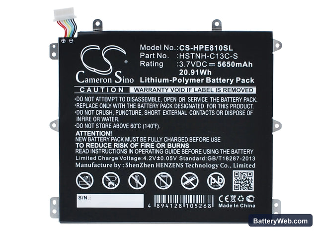 HP Slate 8 Pro Replacement Battery, 3.7V, 5650mAh, Li-Polymer 1