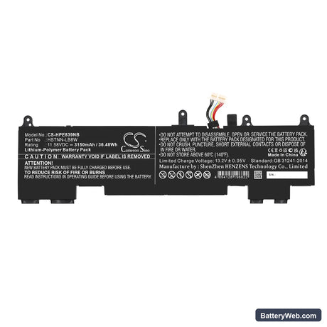 HP EliteBook 830 G9 Replacement Battery, 11.58V, 3150mAh, Li-Polymer 3