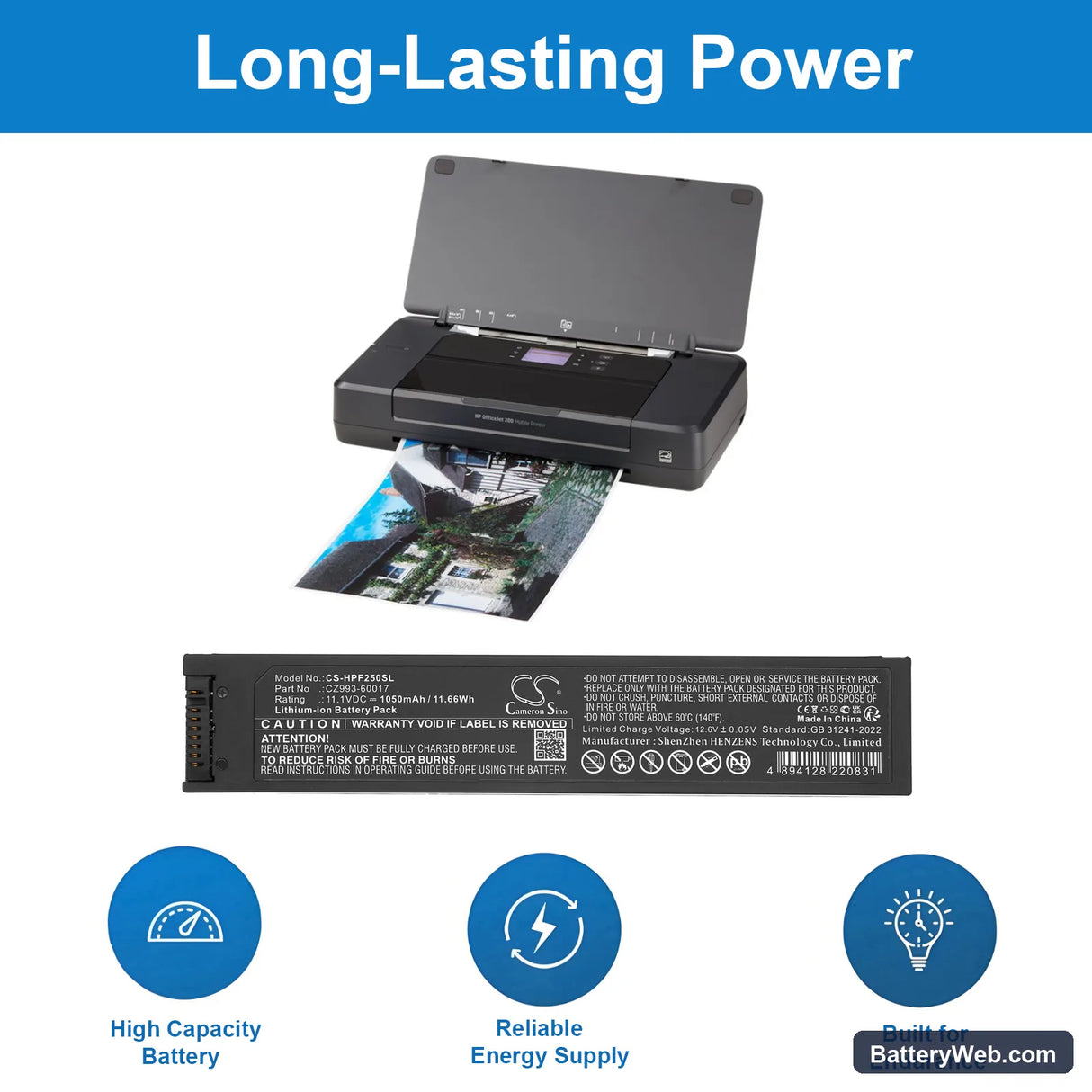 HP HP OfficeJet 200 Mobile Printer Replacement Battery, 11.1V, 1050mAh, Li-ion 6