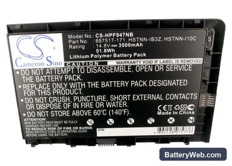 HP EliteBook Folio 9470m Replacement Battery, 14.8V, 3500mAh, Li-Polymer 5