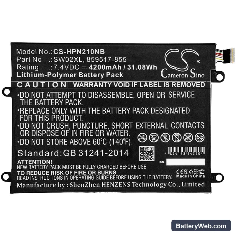 HP Notebook x2 Replacement Battery, 7.4V, 4200mAh, Li-Polymer 3