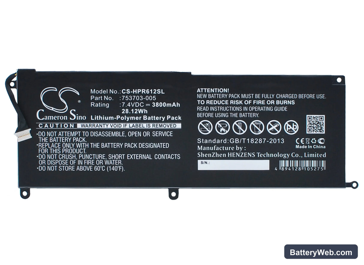 HP Pro x2 612 G1 Replacement Battery, 7.4V, 3800mAh, Li-Polymer 1