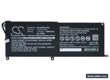 HP Pro x2 612 G1 Replacement Battery, 7.4V, 3800mAh, Li-Polymer 1