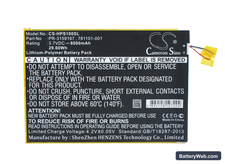 HP Slate 10 Plus Replacement Battery, 3.7V, 8000mAh, Li-Polymer 1