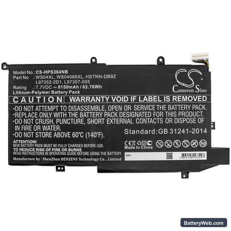 HP Spectre X360 14T Replacement Battery, 7.7V, 8150mAh, Li-Polymer 3