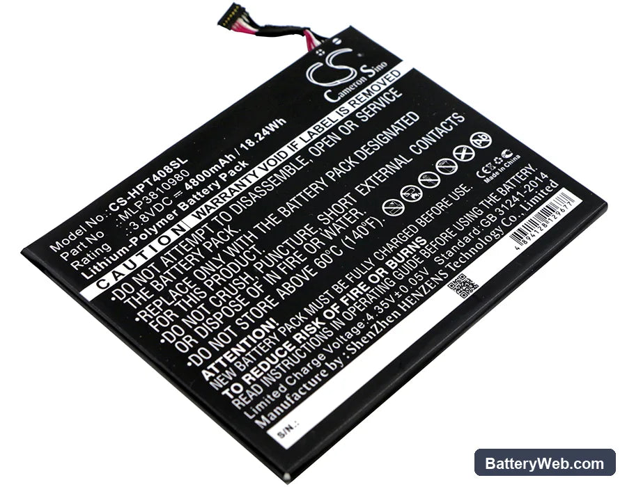HP Pro Tablet 408 G1 Replacement Battery, 3.8V, 4800mAh, Li-Polymer 1