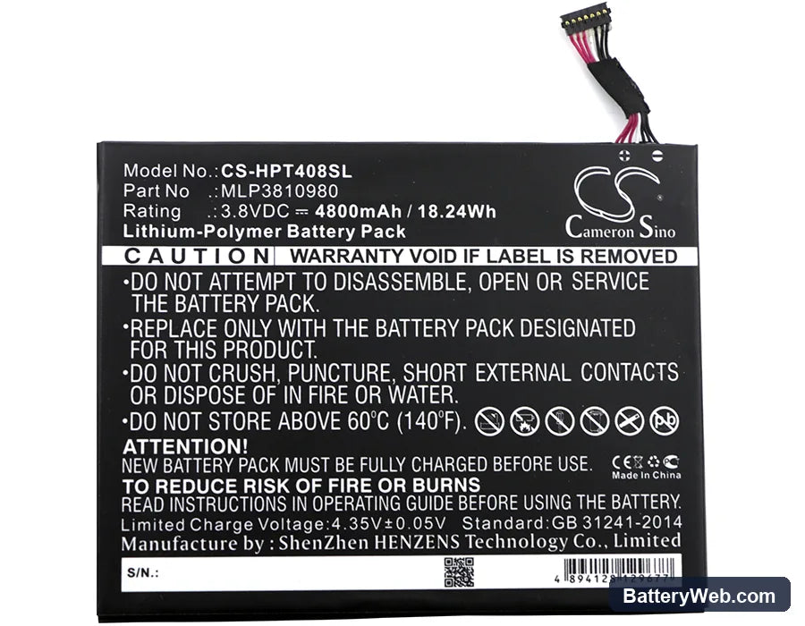 HP Pro Tablet 408 G1 Replacement Battery, 3.8V, 4800mAh, Li-Polymer 3