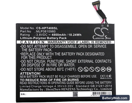 HP Pro Tablet 408 G1 Replacement Battery, 3.8V, 4800mAh, Li-Polymer 3