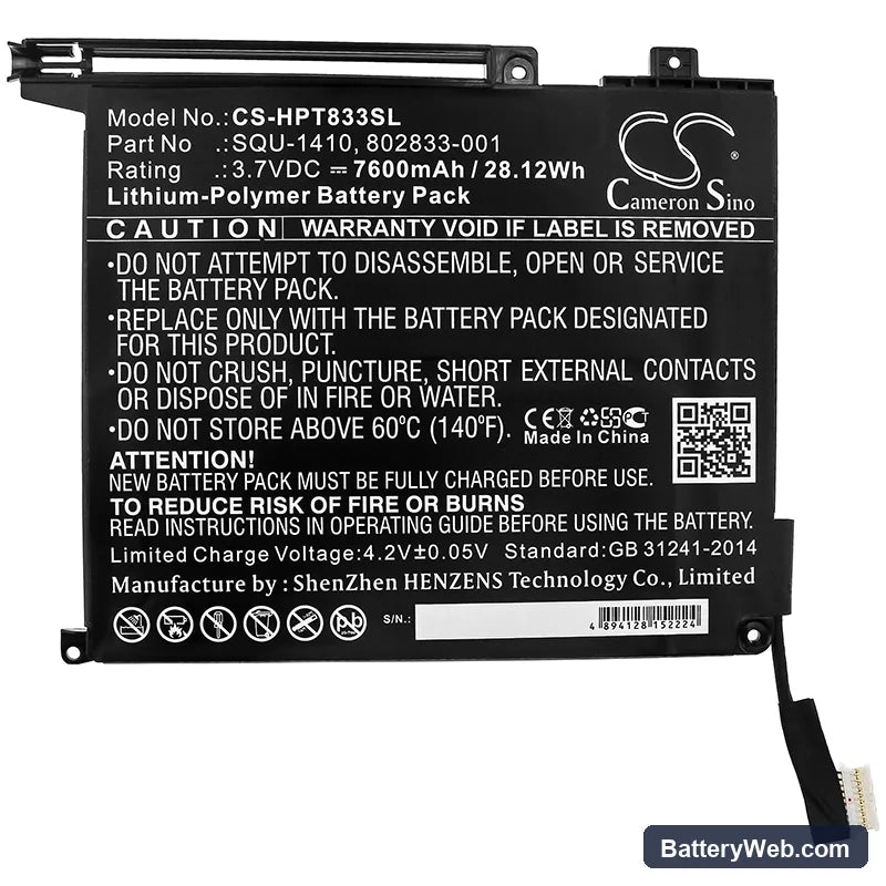 HP Pro Tablet 10 EE G1(H9X71EA) Replacement Battery, 3.7V, 7600mAh, Li-Polymer 3
