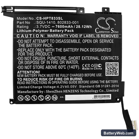 HP Pro Tablet 10 EE G1(H9X71EA) Replacement Battery, 3.7V, 7600mAh, Li-Polymer 3