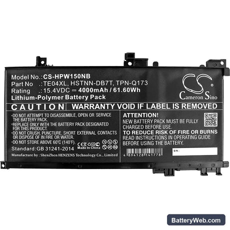 HP Omen 15-AX200 Replacement Battery, 15.4V, 4000mAh, Li-Polymer 3