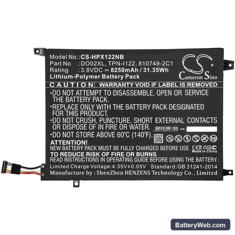 HP Pavilion X2 10-J014TU Replacement Battery, 3.8V, 8250mAh, Li-Polymer 3