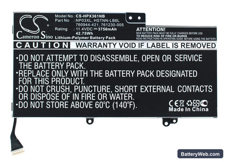 HP Pavilion X360 Replacement Battery, 11.4V, 3750mAh, Li-Polymer 1