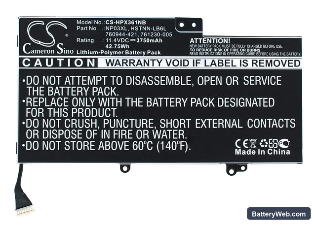 HP Pavilion X360 Replacement Battery, 11.4V, 3750mAh, Li-Polymer 1
