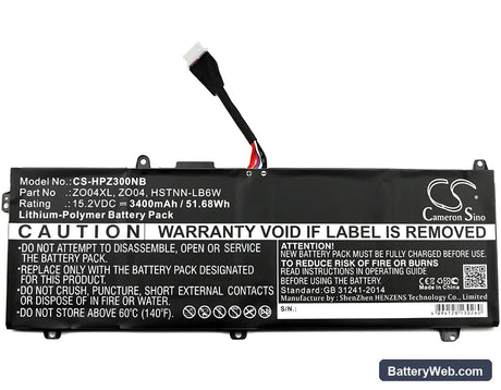 HP Zbook Studio G3 Replacement Battery, 15.2V, 3400mAh, Li-Polymer 3