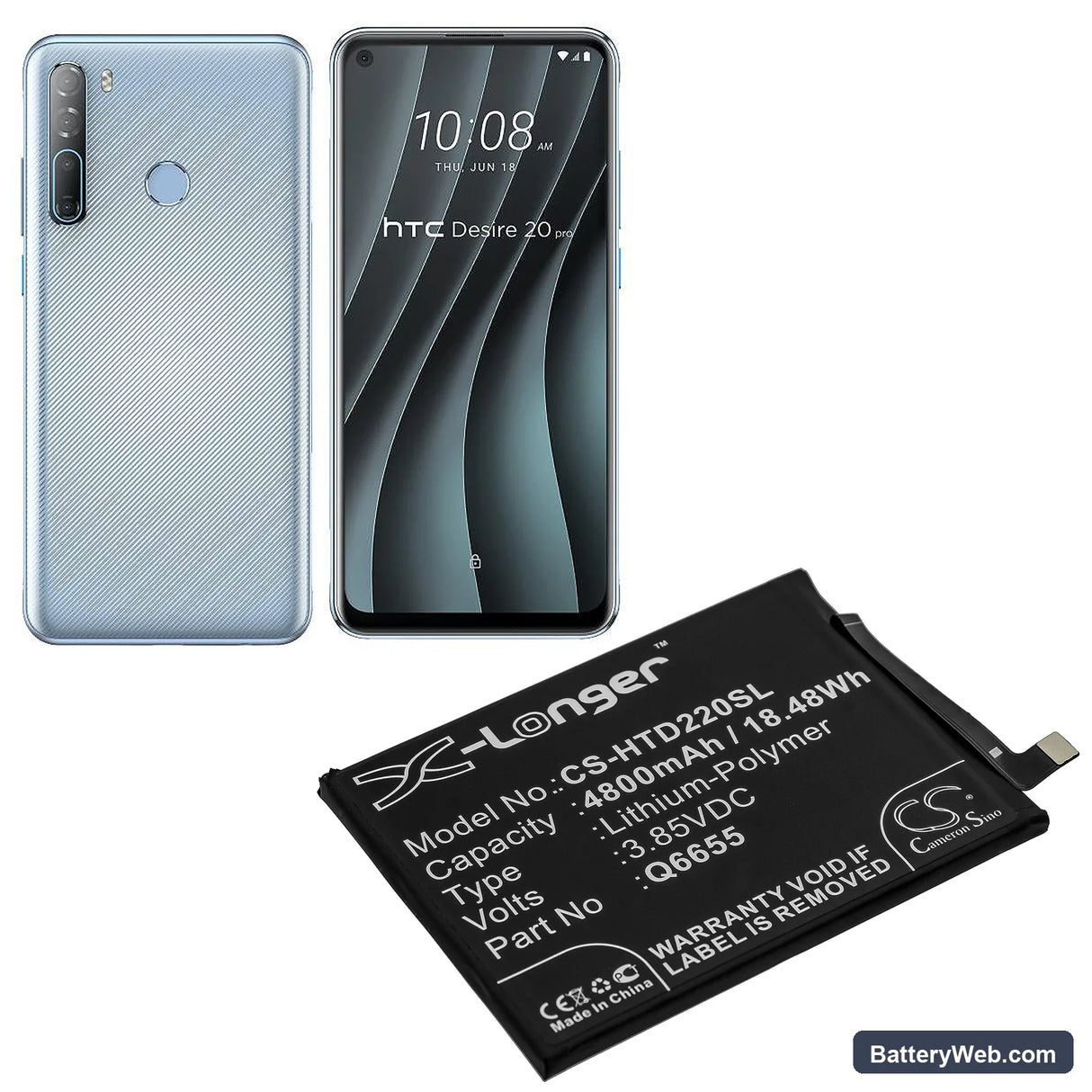 HTC Desire 20 Pro Replacement Battery, 3.85V, 4800mAh, Li-Polymer 5