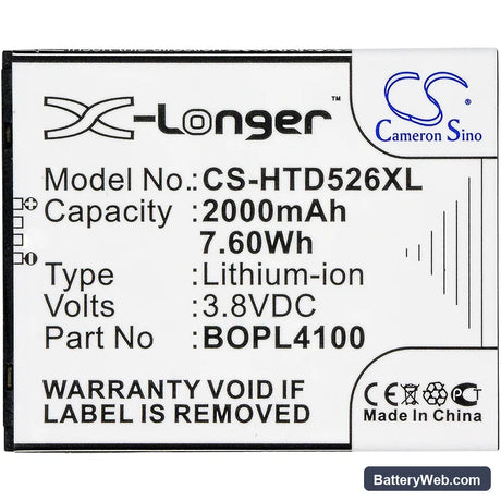 HTC Desire 526 Replacement Battery, 3.8V, 2000mAh, Li-ion 3
