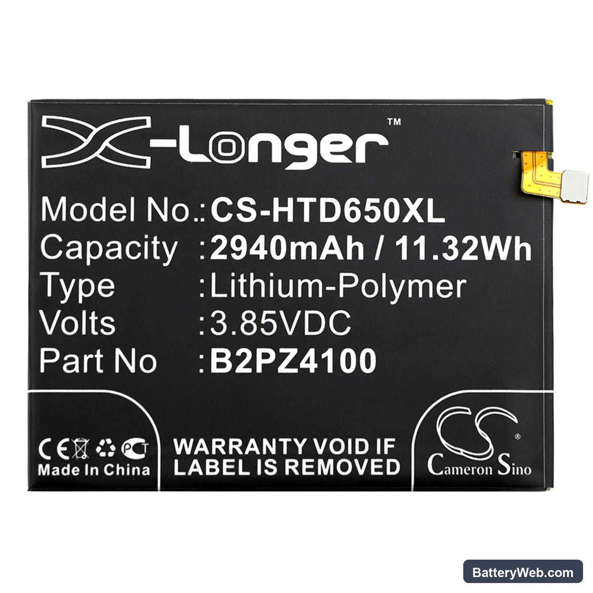 HTC Desire 650 4G Replacement Battery, 3.85V, 2940mAh, Li-Polymer 3