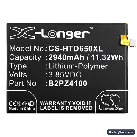 HTC Desire 650 4G Replacement Battery, 3.85V, 2940mAh, Li-Polymer 3
