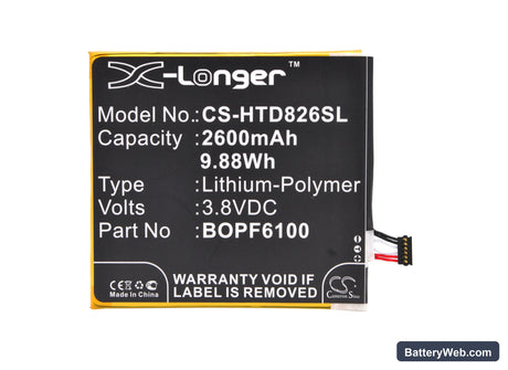 HTC Desire 826 Replacement Battery, 3.8V, 2600mAh, Li-Polymer 5