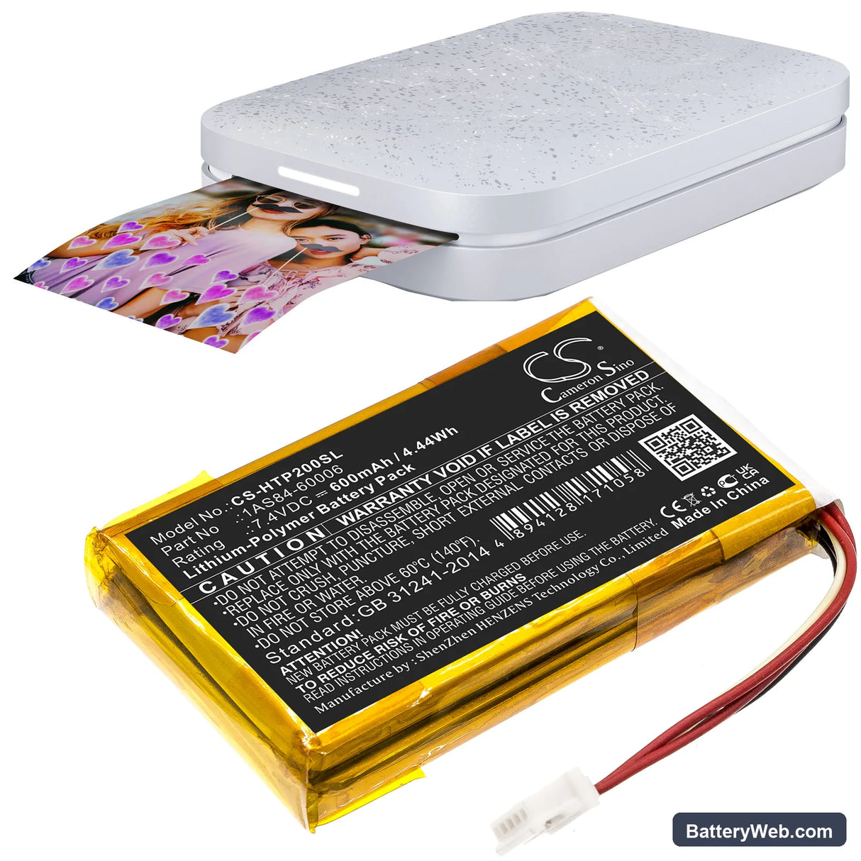 HP Sprocket 200 Replacement Battery, 7.4V, 600mAh, Li-Polymer 6