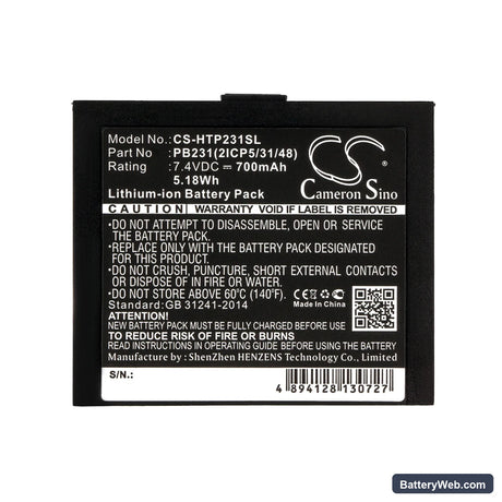HiTi Pringo P231 Replacement Battery, 7.4V, 700mAh, Li-ion 5
