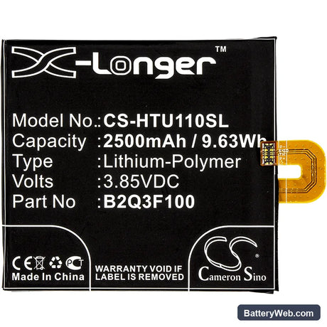 HTC U11 Life Replacement Battery, 3.85V, 2500mAh, Li-Polymer 3