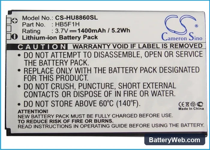 Huawei U8860 Replacement Battery, 3.7V, 1400mAh, Li-ion 5