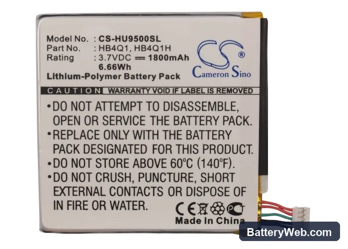 Huawei U9500 Replacement Battery, 3.7V, 1800mAh, Li-Polymer 6