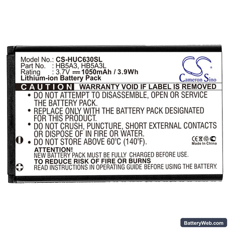 Huawei C6300 Replacement Battery, 3.7V, 1050mAh, Li-ion 3
