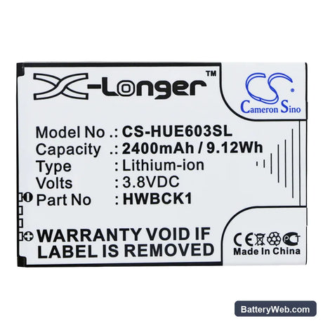 Huawei 601HW Replacement Battery, 3.8V, 2400mAh, Li-ion 3