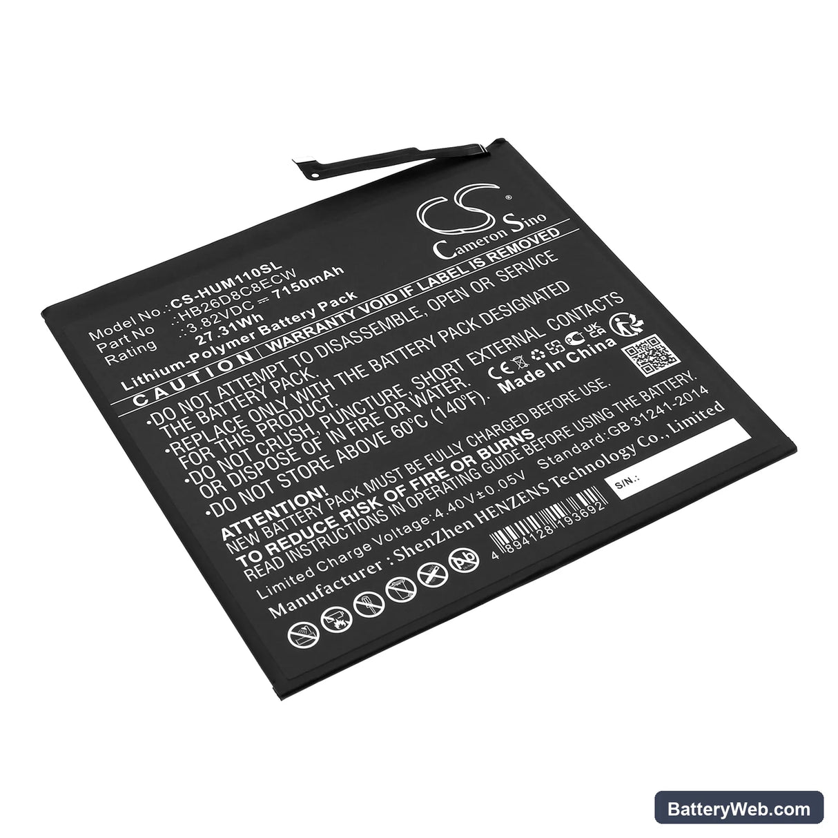 Huawei MatePad 11 Replacement Battery, 3.82V, 7150mAh, Li-Polymer 1