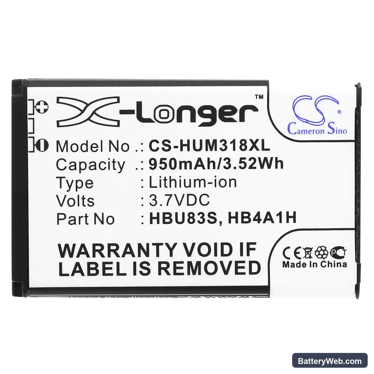 AT&T GoPhone U2800A Replacement Battery, 3.7V, 950mAh, Li-ion 3