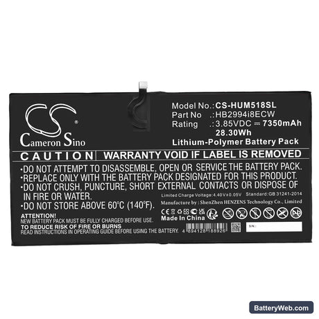 Huawei MediaPad M5 10.8 Replacement Battery, 3.85V, 7350mAh, Li-Polymer 3