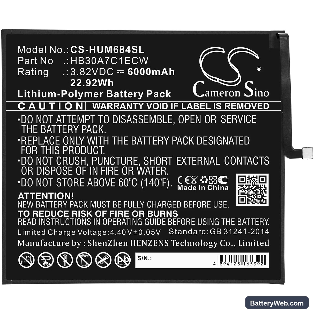 Huawei MediaPad M6 8.4 Replacement Battery, 3.82V, 6000mAh, Li-Polymer 3